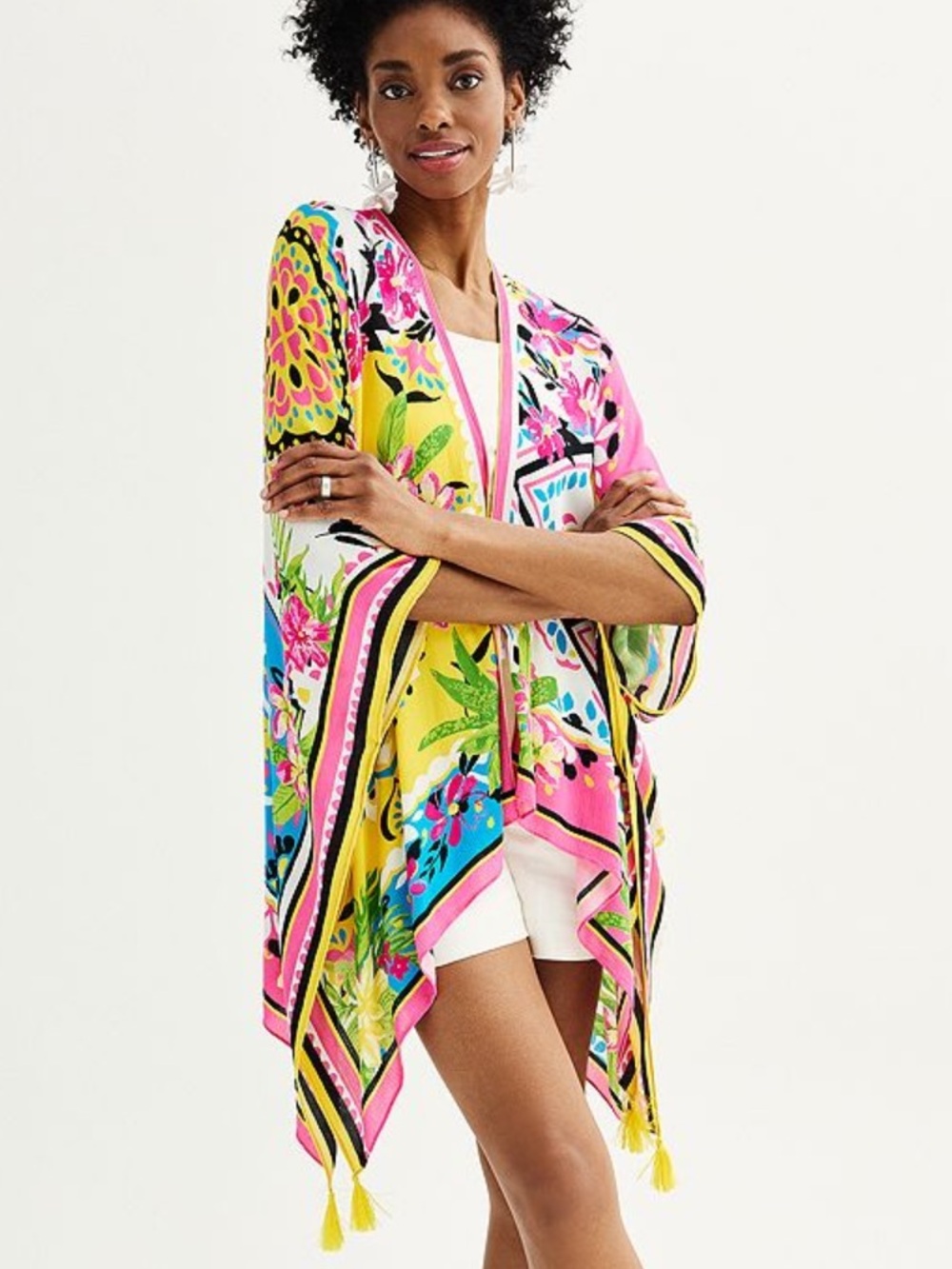 NINE WEST OPEN FRONT COLORFUL COVERUP RUANA TILE PRINT 100% RAYON TASSELS ONE SZ